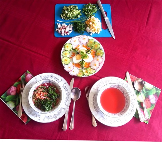 The clear broth next to the completed soup