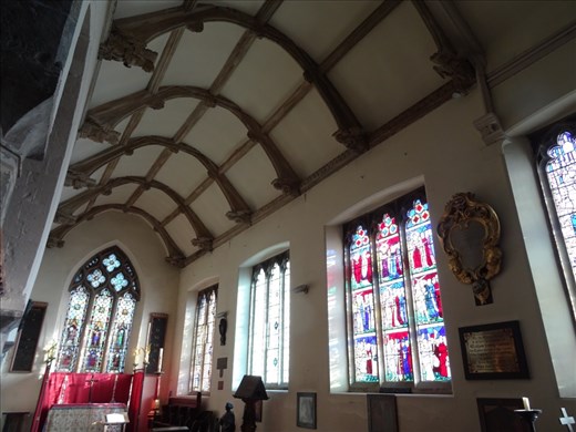 Medieval church. Stained glass circa 15C