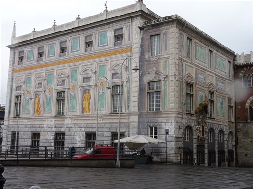 Beautifully decorated building by Genoa's docks