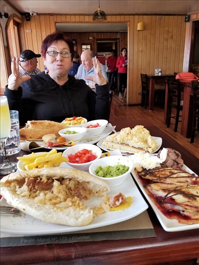 We innocently ordered this lunch. When Linda's apple strudel arrived, she tried to explain she only wanted 1/2, so they cut it in half. Bill: $18!