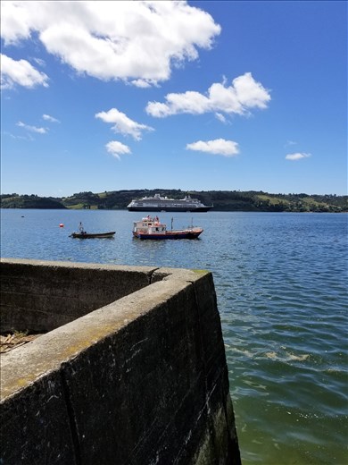 That's our ship, the Zaandam, in the far background. We came into port via tenders.