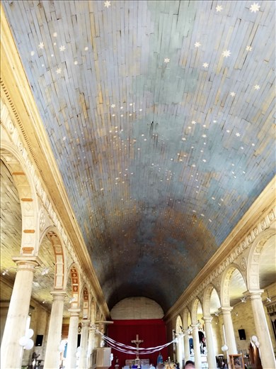 Wooden ceiling inside church.