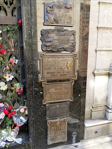 A close-up of Evita's grave (not her headstone on top -- Eva Peron). After her body was hidden in Italy for 11 years, it was brought back to the presidential palace. Upon the death of Juan Peron, his 3rd wife returned the body to Eva's family and she was buried here. Juan Peron is in a different cemetary.