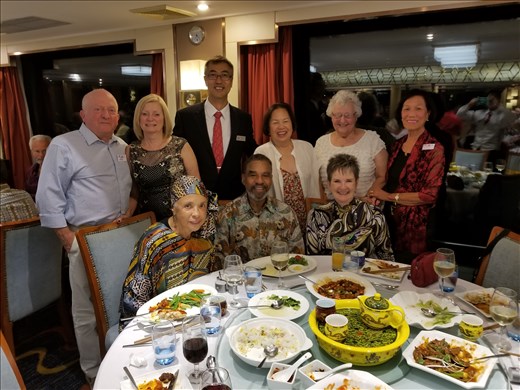 Elena celebrated her birthday while on board. The man in the red tie is our great guide, Rui. Elena is to his left.