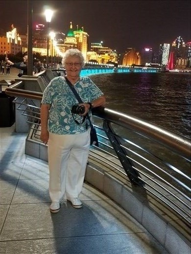 Phyllis by the Bund at night.