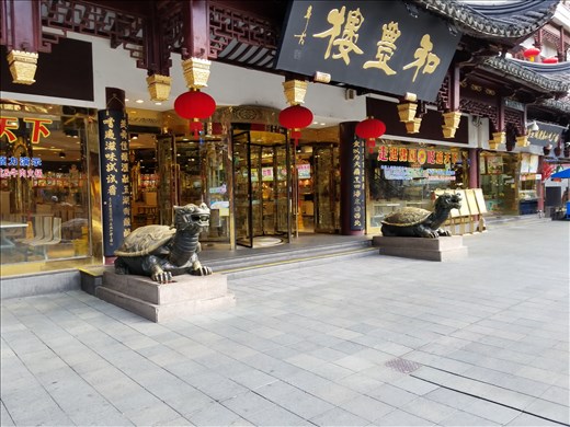 Turtles at the entrance to a shop.