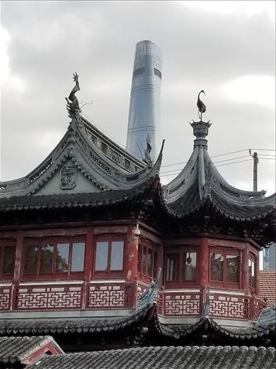 Between the old roofs of these buildings in the Yu Gardens, you can see the tallest building in Shanghai.