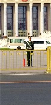 Soldiers stand guard. You aren't allowed to take a close-up photo of them. No one in China except high ranking people carry weapons. Neither the police nor soldiers are armed!: by suziqtn, Views[507]