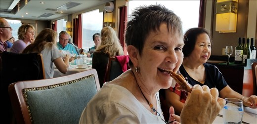 Back on the Viking Emerald, I had to try a chicken foot just to prove I could. I put it on Phyllis' bread plate and waited on her to spot it. Mean roommate!