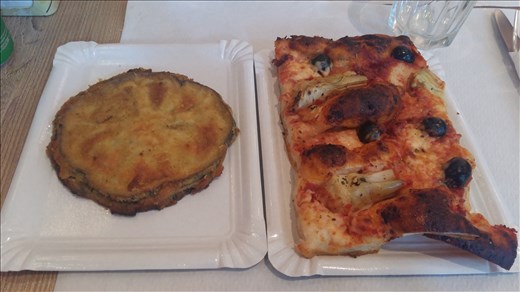 Fried aubergine and pizza