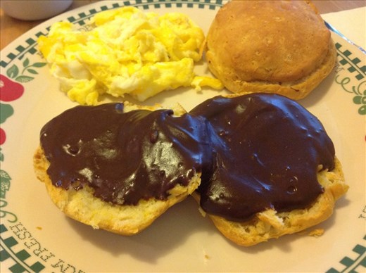 Closer view of delicious chocolate gravy on hot biscuits.