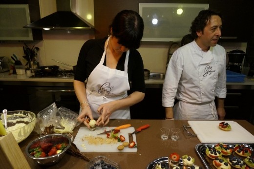Making a fruit and custard shot