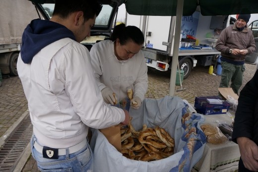 Paolo picking out our Italian bagels at the market. Boiled and fried, best of both bagel worlds!