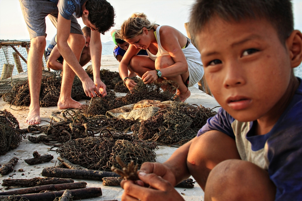 Volunteer divers sorting their found reefed nets to save attached marine life