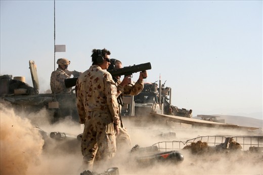 The 84mm rocket launcher is a powerful weapon. The dust is kicked up as a result of the blast pressure created when pulling the trigger. Grown men are often reduced to giggling school girls the first time they fire a rocket