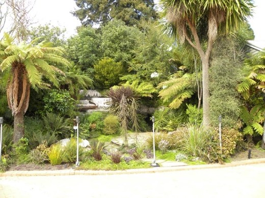 A relaxing garden in back of the Taupo Museum. The silicon terraces are courtesy of Weta Workshop.