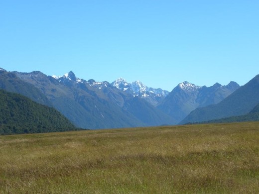 The-majestic Southern Alps rise above the Eglington River valley.