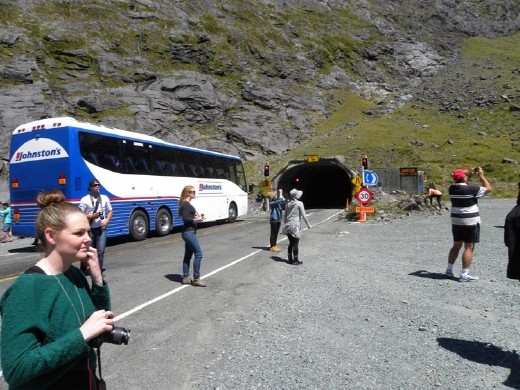 Waiting our turn in the Homer Tunnel. It's a one-way tunnel, so we're waiting for the green light.