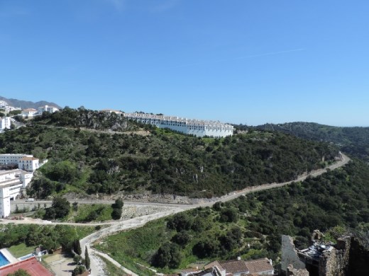 Here's a good view of the winding road to the parking garage (entrance on the left). We wound around the hill to get there.