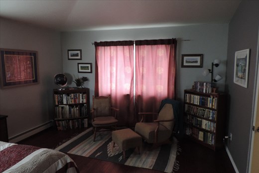 This is our sitting room, part of our master bedroom. The 3 prints on either side of the window (2 on the left, 1 on the right) are from the Dingle Peninsula in Ireland. The large poster on the far left shows the interior of the Sagrada Familia in Barcelona, Spain. The furniture is from Kent's paternal grandmother. This makes a cozy retreat where we can relax with a book and a hot/cold drink (depending on the season).