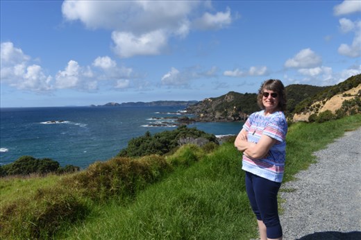 Anna enjoys a sunny stop along the coastal back road to Russell.