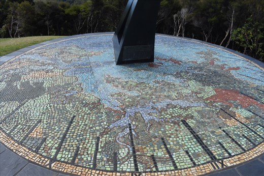 The base of the sundial was surrounded by a tile mosaic representing the Bay of Islands. If you look closely, you can pick out the tiles for Russell.