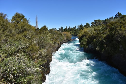 From a short bridge spanning the channel for the 'falls,' you can look upriver back towards Lake Taupo.