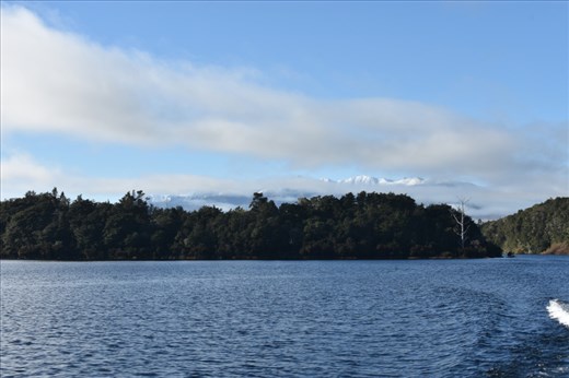 Snowy mountains peek from clouds as we depart Manapouri.