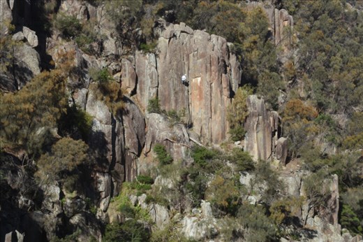 A climber practiced his rapelling skills on the south side of the Gorge.