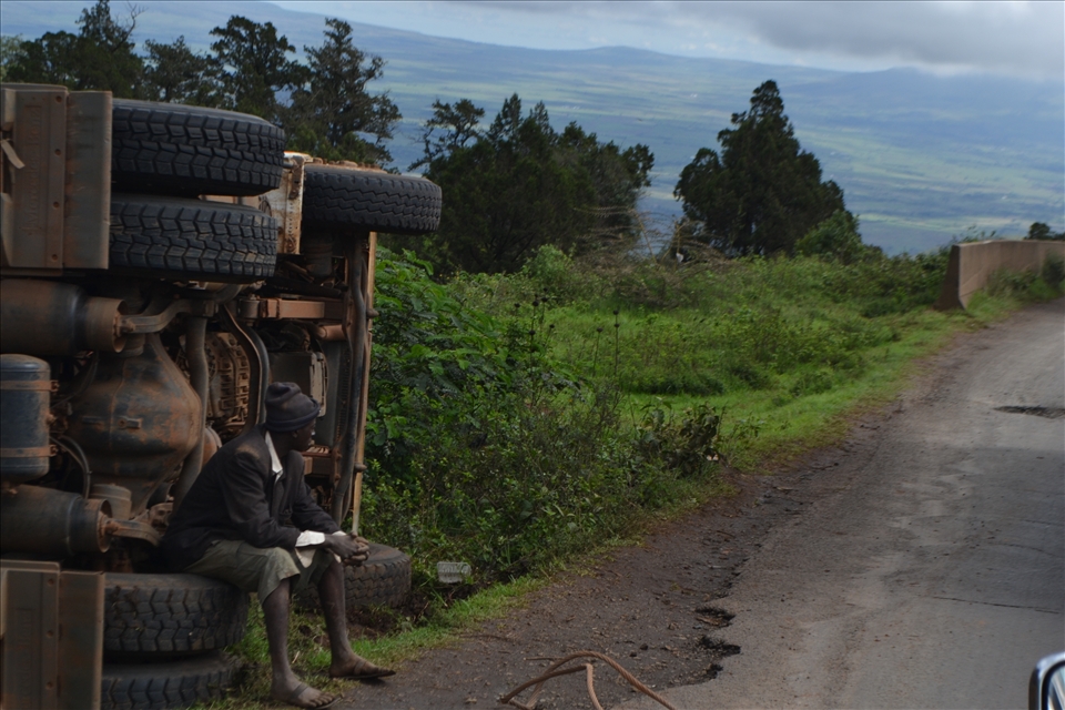 This picture was accidentally taken when our driver told us to get ready to take pictures of the great rift valley. So i stuck my camera out of the window and held down the rapid fire. When i looked at the pictures i noticed that in the left side of the picture there is a truck that has turned over, with a man sitting on the wheel. It a weird picture to look at, because the truck honestly looks like it has been there for a long time, and the man just looks like he is taking a break on a tire. 
