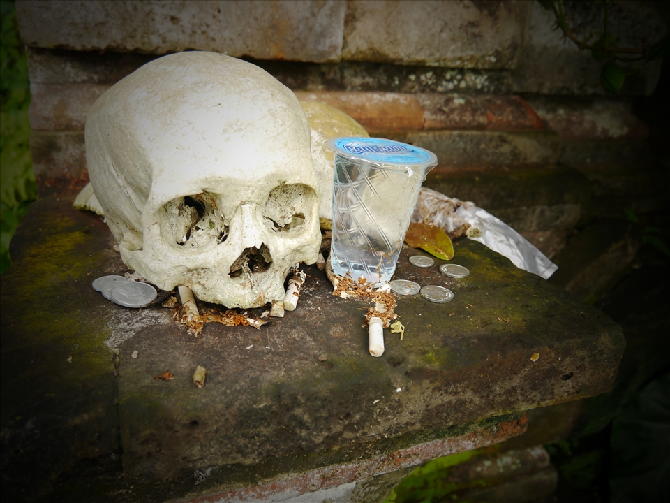 A human skull and garbage at the Entrance of Trunyan animist cemetery