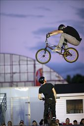 A member of the Craz-E-Crew Stunt Team wows the crowd as he and his bike soar through the air at the 2012 Richmond Fair.: by thack, Views[953]