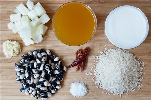 Prep 1: Onion, garlic, calypso beans, salt, chilies, stock, coconut milk