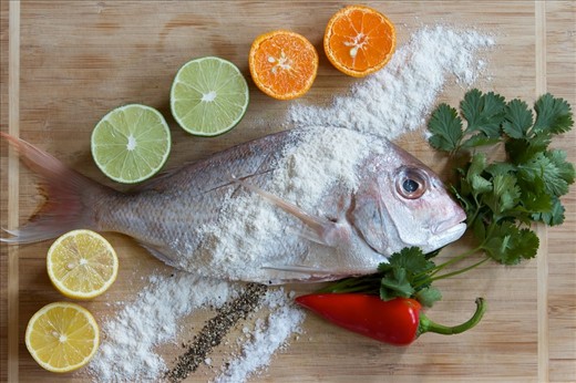 Prep 3: Snapper, citrus, flour, salt, pepper, cilantro, chilies