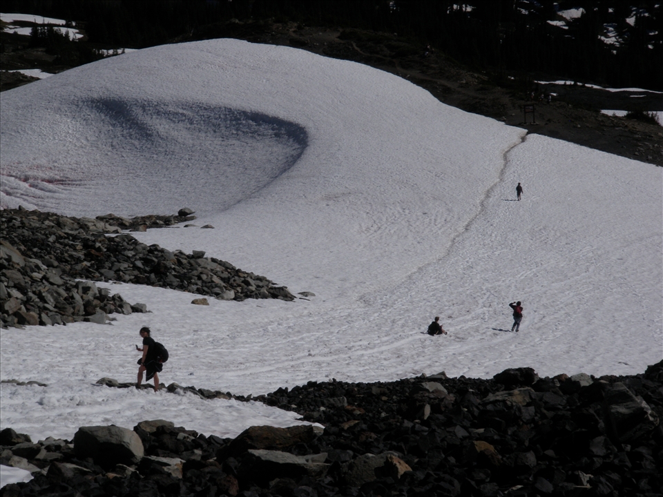 Descending the Black Tusk by sliding down a snow covered rocky slope.