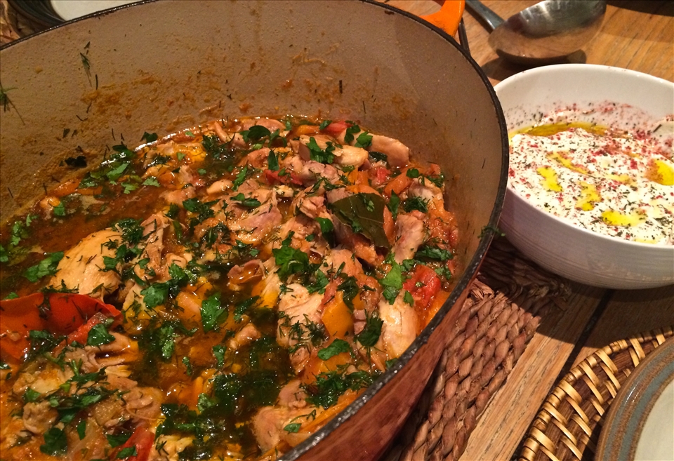 Chakhokhbili and the accompanying yogurt is served