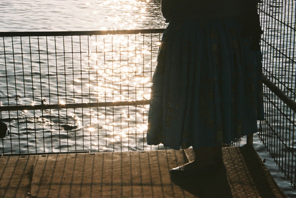 A lady watches a sea lion approach her at the port of Arica in Northern Chile.