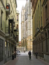 At the end of a narrow street, the Basilica of San Isidoro peeks out from behind city buildings in the center of quaint Leon, Spain.  : by thefearlesspereles, Views[228]