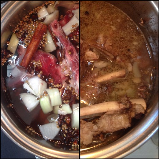 Soup in the pot - before/after cooking.