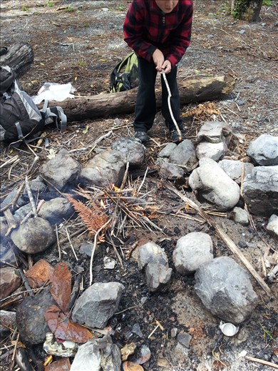 Camp fire on at lunch on our walk on the Orongaronga track