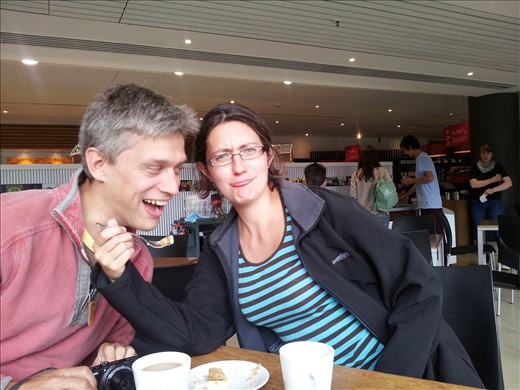 Mandida having cake and coffee at Te Papa