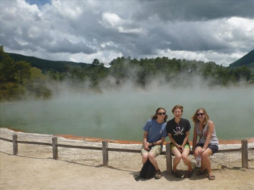 The girls at Rainbow Lake - not for swimming, Wai-O-Tapu Geothermal Park