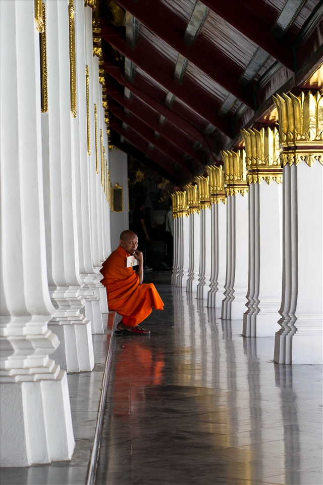 Bangkok, a monk in to the Grand Palace. Monks are one of the pillar of society