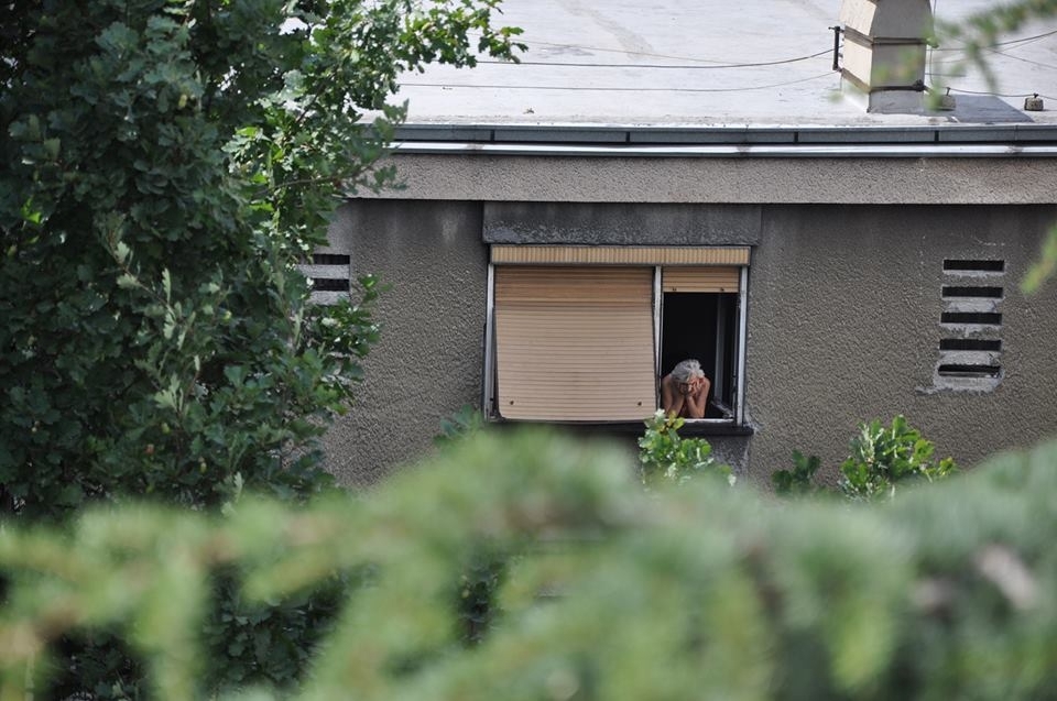 A neighbour veiws the gay parade from her apartment