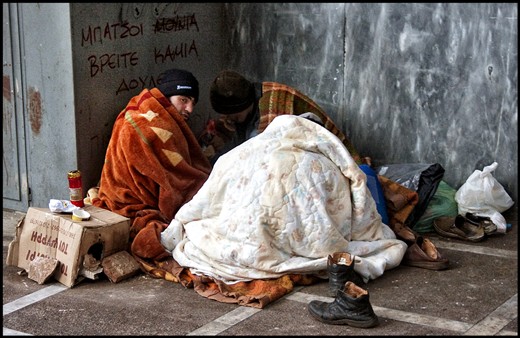 - Homeless, destitute and hungry Michael and his friends, watching life from below, where everything seem less fancy in a main commercial street in Athens ..