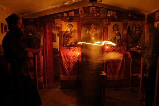 Praying in the chappel of the top, where the man gets less material and more lighfull.
