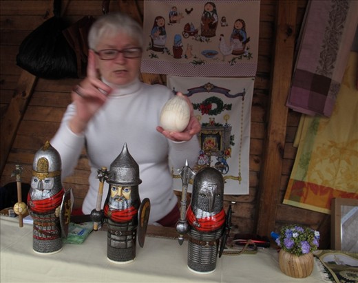 Russian lady who has magic hands in creating those “Tri Bogatyrya” miniatures-three main characthers of a Russian folktale.