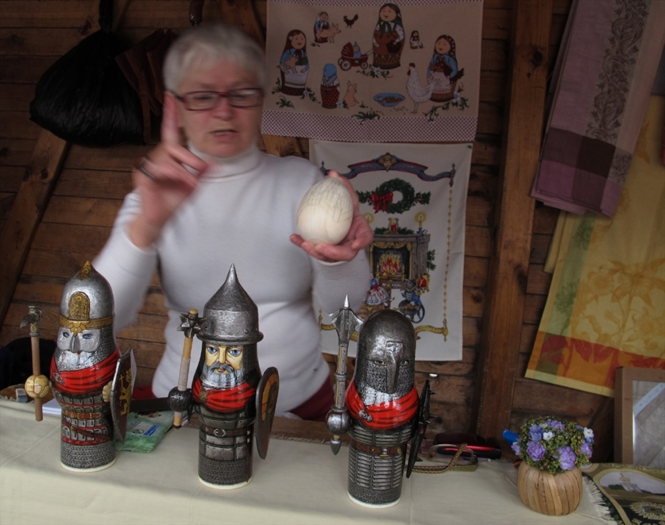 Russian lady who has magic hands in creating those “Tri Bogatyrya” miniatures-three main characthers of a Russian folktale.