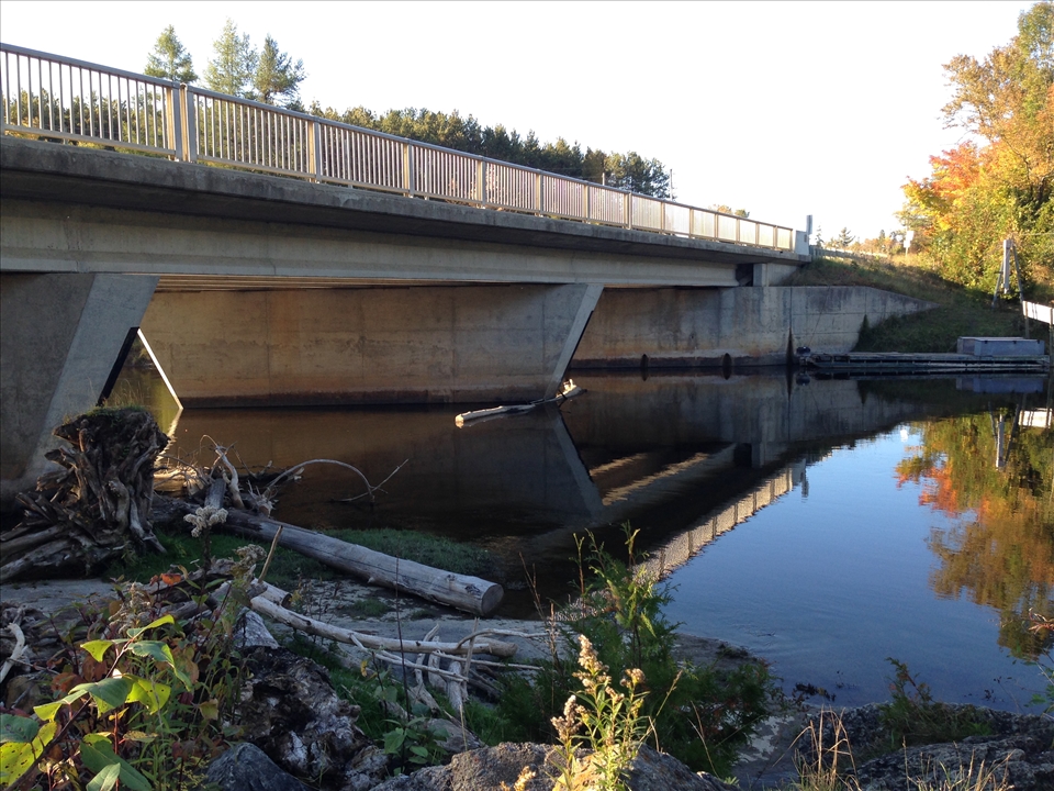 Bridge over still water, leading to waterfall. The calm before the storm. 