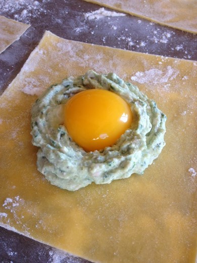 Closeup of the Raviolo before putting on the top layer of pasta.